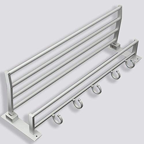 Towel Rack 2 Layer Alumimum Foldable Bathroom Towel Rack Holder Storage Hanger Wall Mounted Towel Clothes Shelf with 5 Hooks Towel Holder