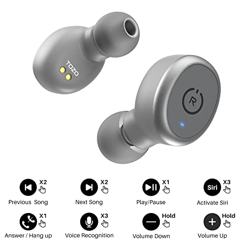 TOZO T10 Auriculares Bluetooth IPX8 Impermeable Bluetooth 5.0 In Ear inalámbricos con Estuche de Carga y micrófono, Sonido Premium con Graves Profundos para Correr y Hacer Deporte Gris