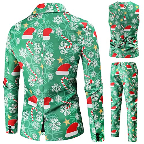 Traje de los hombres chaqueta chaleco pantalones traje conjunto de tres sombrero de Navidad impreso manga larga solapa estilo personalidad conjunto de tres, verde, XXXXL