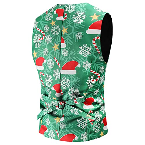 Traje de los hombres chaqueta chaleco pantalones traje conjunto de tres sombrero de Navidad impreso manga larga solapa estilo personalidad conjunto de tres, verde, XXXXL