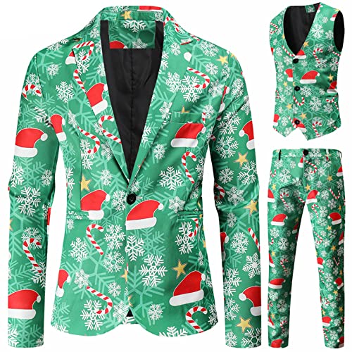 Traje de los hombres chaqueta chaleco pantalones traje conjunto de tres sombrero de Navidad impreso manga larga solapa estilo personalidad conjunto de tres, verde, XXXXL
