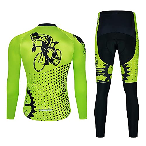 Traje Jerseys de Ciclismo Maillot Ciclista de Manga Larga para Hombre+Pantalone Set de Ciclismo con Almohadilla de Gel 20D,Ropa de Ciclismo de Bicicleta de Montaña-Respirable/Cómodo/Secado Rápido