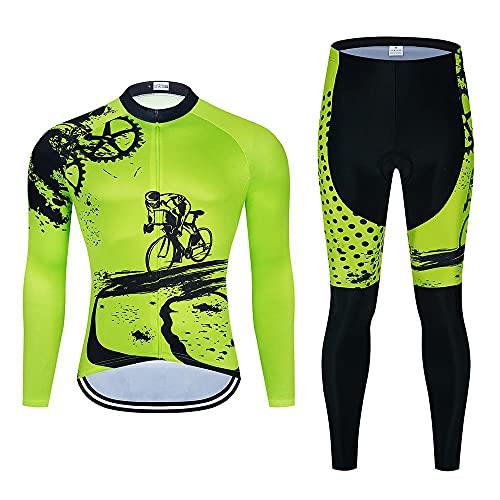 Traje Jerseys de Ciclismo Maillot Ciclista de Manga Larga para Hombre+Pantalone Set de Ciclismo con Almohadilla de Gel 20D,Ropa de Ciclismo de Bicicleta de Montaña-Respirable/Cómodo/Secado Rápido