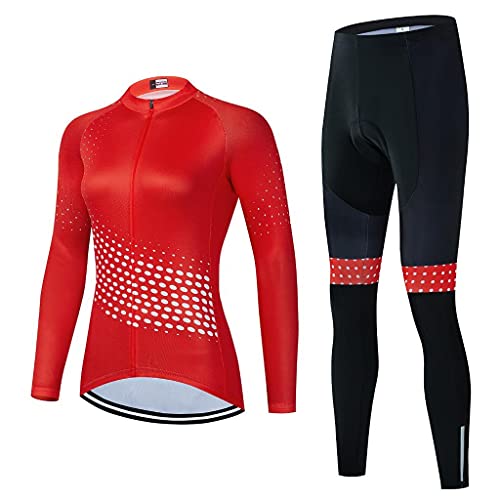 Traje Jerseys de Ciclismo Maillot Ciclista de Manga Larga para Mujer+Pantalones Set de Ciclismo con Almohadilla de Gel 20D,Ropa de Ciclismo de Bicicleta de Montaña-Respirable/Cómodo/Secado Rápido