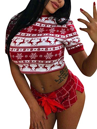 Traje Navideño para Mujer 2 Piezas Conjunto de Ropa para Navidad Top Camiseta de Manga Corta y Cuello Redondo + Pantalones Cortos con Patrones de Navidad (Rojo, S)