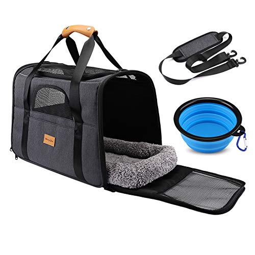 Transportín Perro Gato, Bolsa de Transporte Transpirable para Mascotas, Portador de Viaje con Correa de Hombro Ajustable, Transporte de Gato con Colchón Suave + Tazón Plegable (17.3*12.2*13.4 inch)