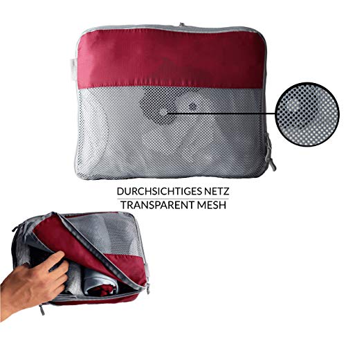 TRAVEL DUDE Organizador de Maletas con Bolsas de Compresión para Equipaje | De Botellas de Plástico Recicladas | Bolsas Organizadoras Maleta | Easy Travel | Ultra liviano (Rojo Vino, 4 Piezas)