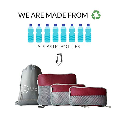 TRAVEL DUDE Organizador de Maletas con Bolsas de Compresión para Equipaje | De Botellas de Plástico Recicladas | Bolsas Organizadoras Maleta | Easy Travel | Ultra liviano (Rojo Vino, 4 Piezas)