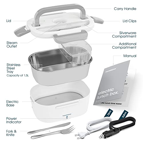 TRAVELISIMO Fiambrera Electrica 2 en 1 para Coche Camión y Trabajo 220V+12V, Calienta Comida en Minutos, Fiambrera Termica Termo Comida Caliente Acero Inoxidable 1.5L 40W, Tartera Eléctrica Portatil