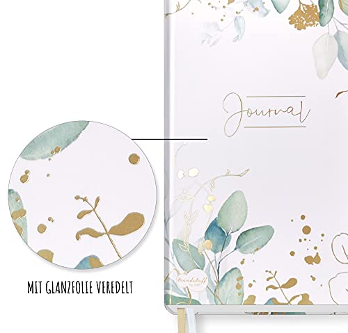 Trendstuff Premium Bullet Journal Dotted - Cuaderno A5 con puntos dorados, 188 páginas de papel grueso, diario con puntos, banda de goma, soporte para bolígrafo, sostenible y neutral para el clima