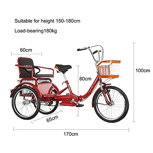 Triciclo de 20 Pulgadas Bicicleta Plegable para Adultos con Asiento Trasero y Cesta de la Compra Bicicleta de 3 Ruedas Suspensión de Cadena Doble de una Velocidad Carga de Horquilla Delantera 180 kg