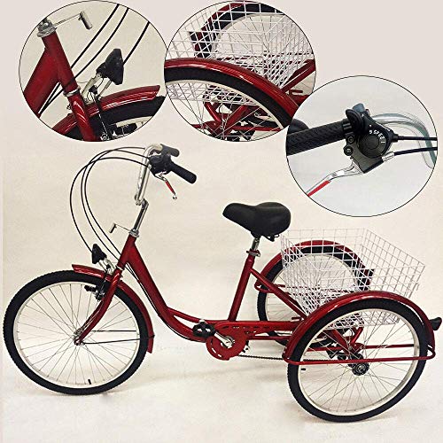 Triciclo de 24 pulgadas para personas mayores, 6 marchas, triciclo para adultos con cesta y lámpara, 3 ruedas para adultos, triciclo cómodo, bicicleta para deportes al aire libre