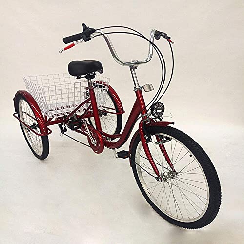 Triciclo de 24 pulgadas para personas mayores, 6 marchas, triciclo para adultos con cesta y lámpara, 3 ruedas para adultos, triciclo cómodo, bicicleta para deportes al aire libre