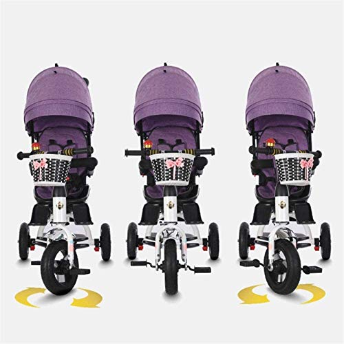 Triciclo gemelo de cuatro en uno para niños, bicicleta de dos plazas, cochecito con sombrilla, asiento giratorio bidireccional / mango de empuje trasero extraíble / pedales retráctiles, Color: púrpura