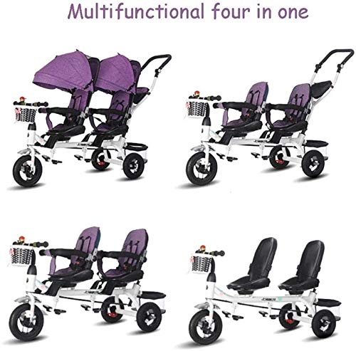 Triciclo gemelo de cuatro en uno para niños, bicicleta de dos plazas, cochecito con sombrilla, asiento giratorio bidireccional / mango de empuje trasero extraíble / pedales retráctiles, Color: púrpura