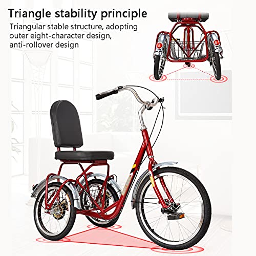 Triciclo para Adultos Bicicleta Triciclo Adulto De 20 Pulgadas con Respaldo del Asiento Tres Ruedas Crucero Bicicleta para Personas Mayores, Mujeres, Hombres, Rojo