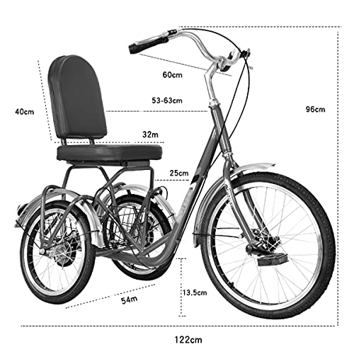 Triciclo para Adultos Bicicleta Triciclo Adulto De 20 Pulgadas con Respaldo del Asiento Tres Ruedas Crucero Bicicleta para Personas Mayores, Mujeres, Hombres, Rojo