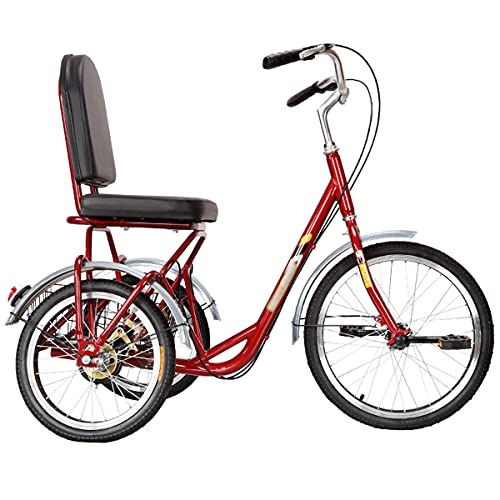 Triciclo para Adultos Bicicleta Triciclo Adulto De 20 Pulgadas con Respaldo del Asiento Tres Ruedas Crucero Bicicleta para Personas Mayores, Mujeres, Hombres, Rojo