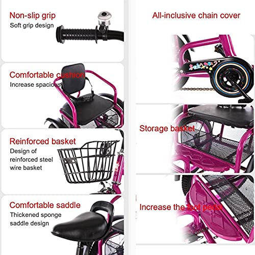 Triciclo Tricycle Bicicletas De Tres Ruedas Para Niños Niños Niñas, Triciclos 16 18 Pulgadas 3 Ruedas Bicicletas Crucero Bicicletas Cómodas Dos Plazas Con Cesta Para Niños De(Size:18 inch,Color:Rosa)