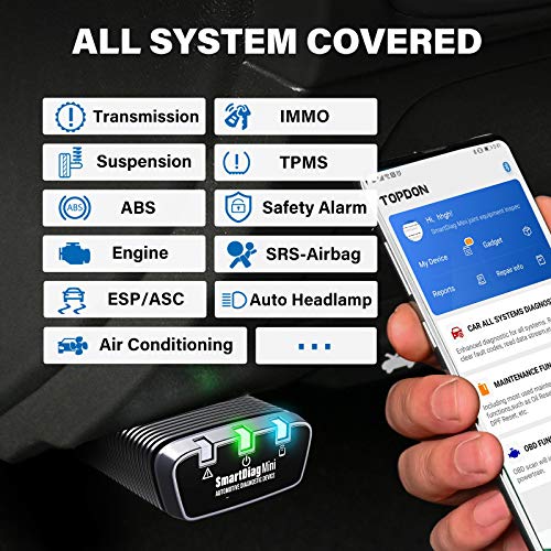 TT TOPDON SmartDiag Mini OBD2 - Escáner de diagnóstico de Coche Bluetooth con Todos los diagnósticos del Sistema, 16 Servicios de reinicio y Mantenimiento, Todas Las Funciones OBD2, AutoVIN