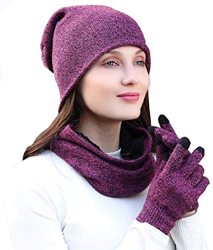 Tuopuda® Gorro Bufanda Guantes Set de Invierno para Hombre y Mujer Gorro de punto Bufandas Caliente Guantes de Pantalla Táctil (Rosa caliente)