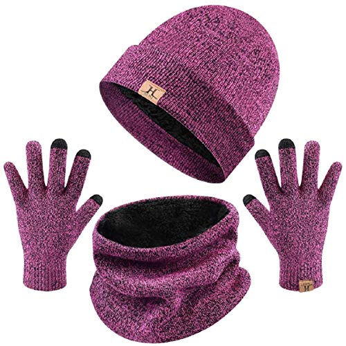 Tuopuda® Gorro Bufanda Guantes Set de Invierno para Hombre y Mujer Gorro de punto Bufandas Caliente Guantes de Pantalla Táctil (Rosa caliente)