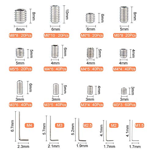 TUPARKA Juego de tornillos prisioneros de 400 piezas Tornillos de llave Allen M3 M4 M5 M6 M8 Tornillos hexagonales de acero inoxidable M8 Tornillo de fijación de punto cónico con llave de llave en