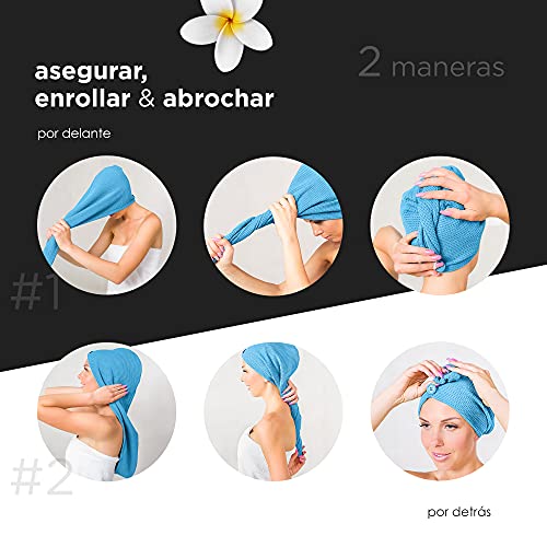 Turbante de pelo FABCARE de secado rápido - DERMATEST: MUY BUENO - Toalla de pelo con botón - Toalla de pelo para secar el pelo - Toalla turbante de microfibra para cabello largo [2 piezas]