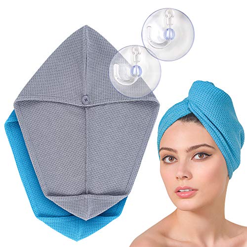 Turbante de pelo FABCARE de secado rápido - DERMATEST: MUY BUENO - Toalla de pelo con botón - Toalla de pelo para secar el pelo - Toalla turbante de microfibra para cabello largo [2 piezas]