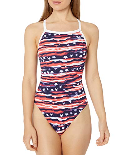 TYR All American Female Training Diamondfit Durafast One - Bañador de Entrenamiento para Mujer, Mujer, Traje de baño de Entrenamiento, DAAM7A 636 26, Rojo, Blanco y Azul, 26