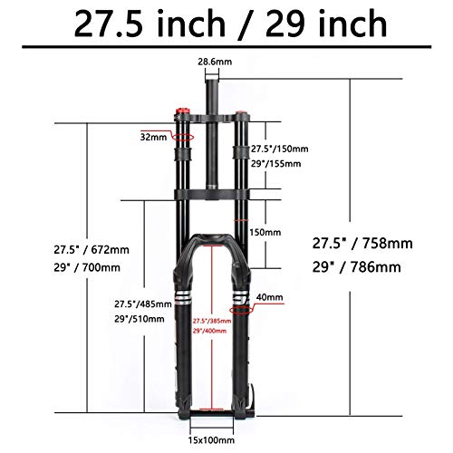 TYXTYX Horquilla Delantera de Aire para Descenso de Bicicleta de montaña 27,5 29 Pulgadas, Doble Hombro, Horquillas de suspensión de Freno de Disco MTB DH Eje 15x100mm