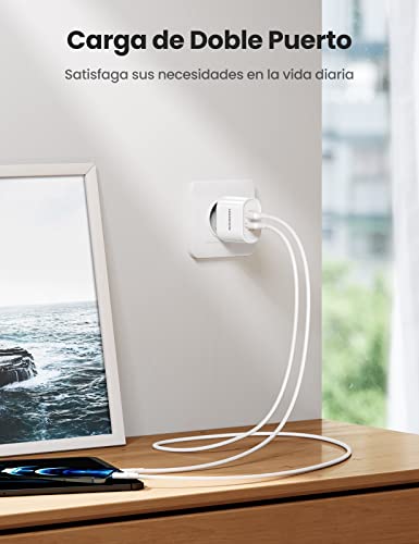 UGREEN 17W Cargador de Pared con Doble USB Puertos 5V 2.4A y 5V 1A, Enchufe USB para iPhone 13 12 XR XS X 8, iPad Mini, Galaxy S20 S10 S9 S8, Xiami Mi10 Mi9 Redmi Note 9, Huawei P30 P20 - Blanco