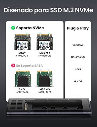 UGREEN Carcasa M.2 NVMe USB C, Caja M.2 NVMe PCIe USB 3.1 con UASP, 10Gbps Carcasa SSD M.2 para SSD M.2 NVMe M Key B+M Key para PS5 Macbook Pro M1 2021 Macbook Air M1 2020, con Cable USB C a USB C