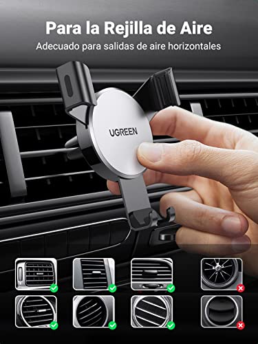 UGREEN Soporte Móvil Coche, Soporte Télefono Móvil Coche por Gravedad para Rejilla del Aire, Soporte Movil Coche Universal Car Phone Holder para iPhone 13 12 Pro MAX, Xiaomi Redmi Note 10 Pro(Gris)