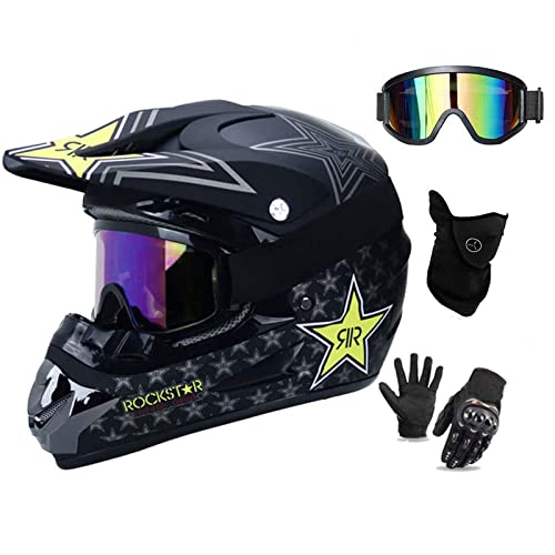 UIGJIOG Casco Descenso Hombre, Negro/Rockstar - Adulto Casco Motocross Enduro MTB con Gafas/Máscara/Guantes, Casco Cross Quad Off Road ATV Scooter,L(56~57cm)