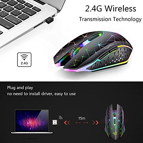 Uiosmuph V7 Ratón Inalámbrico, 2.4G Mouse Recargable Silencioso Ratón portátil Ergonómico 2400DPI Gaming Ratón con Receptor, 6 Botones para Laptop, PC, Ordenador, Chromebook, Notebook - Negro