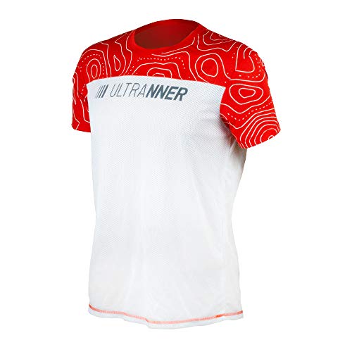 ULTRANNER - DUMALA | Camiseta Técnica Hombre Manga Corta para Deporte - Camiseta Transpirable Ultraligera Apta para Trail Running Trekking Y Más - Color Rojo y Blanco para Mayor Visibilidad Talla L