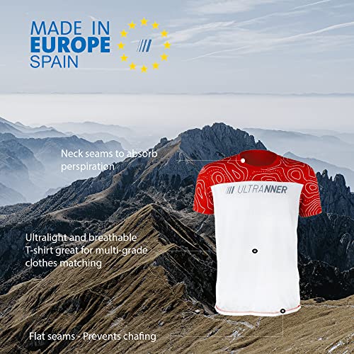 ULTRANNER - DUMALA | Camiseta Técnica Hombre Manga Corta para Deporte - Camiseta Transpirable Ultraligera Apta para Trail Running Trekking Y Más - Color Rojo y Blanco para Mayor Visibilidad Talla L