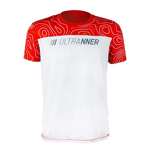 ULTRANNER - DUMALA | Camiseta Técnica Hombre Manga Corta para Deporte - Camiseta Transpirable Ultraligera Apta para Trail Running Trekking Y Más - Color Rojo y Blanco para Mayor Visibilidad Talla L