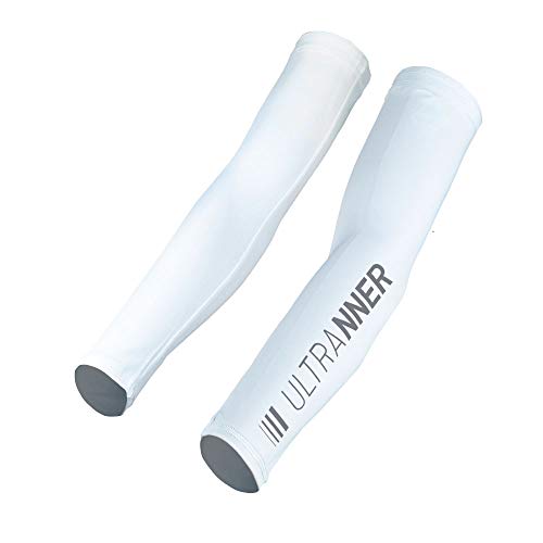 ULTRANNER - OLAN | Manguitos Ciclismo Hombre y Mujer Térmicos y Ultraligeros - Manguitos Bicicleta Trail Running Trekking - Manga para brazo Compresiva Anti UV - Cubrebrazos Ajustable - Color Blanco