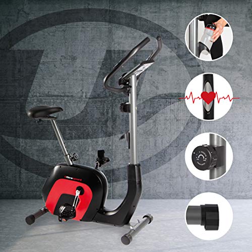 Ultrasport Bicicleta estática Racer 2000 Con pantalla táctil compatible con Bluetooth, sensores de frecuencia cardíaca, 8 niveles de resistencia, sillín y manillar ajustables, Unisex, Negro/Rojo,