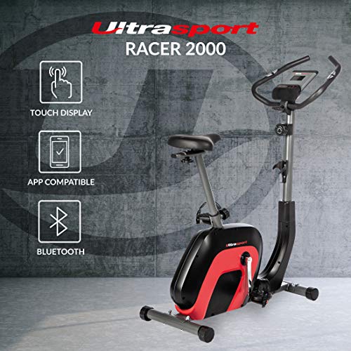 Ultrasport Bicicleta estática Racer 2000 Con pantalla táctil compatible con Bluetooth, sensores de frecuencia cardíaca, 8 niveles de resistencia, sillín y manillar ajustables, Unisex, Negro/Rojo,