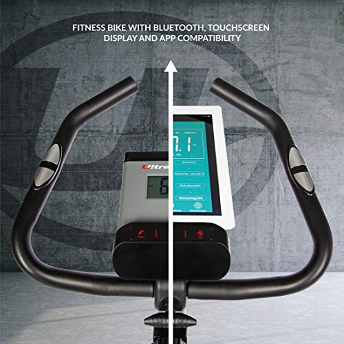 Ultrasport Bicicleta estática Racer 2000 Con pantalla táctil compatible con Bluetooth, sensores de frecuencia cardíaca, 8 niveles de resistencia, sillín y manillar ajustables, Unisex, Negro/Rojo,