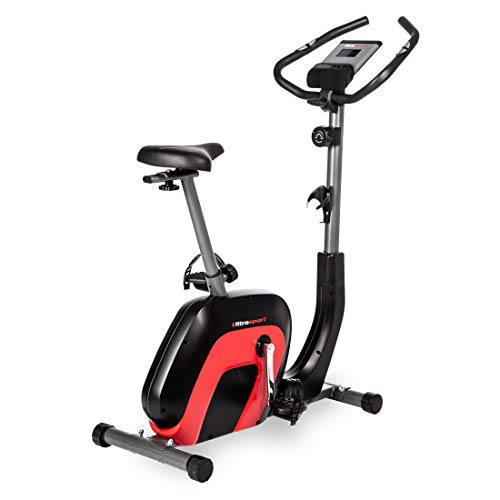 Ultrasport Bicicleta estática Racer 2000 Con pantalla táctil compatible con Bluetooth, sensores de frecuencia cardíaca, 8 niveles de resistencia, sillín y manillar ajustables, Unisex, Negro/Rojo,