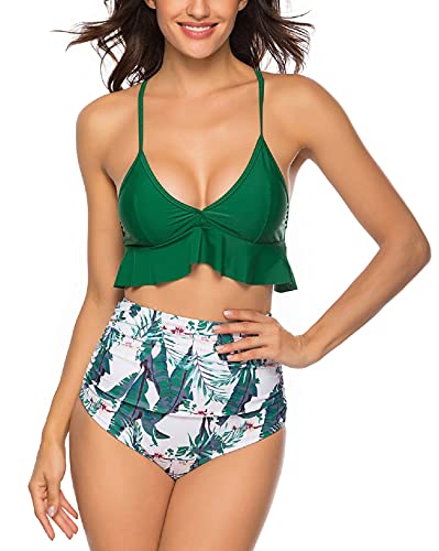 UMIPUBO Bikinis Mujer Push Up Halter Bikini Traje de baño Conjunto de Bikini de Play Acolchado Bra Tops y Braguitas Dos Piezas Bikini Sets Volante Estampado de Cintura Alta Talla Grande Bañador