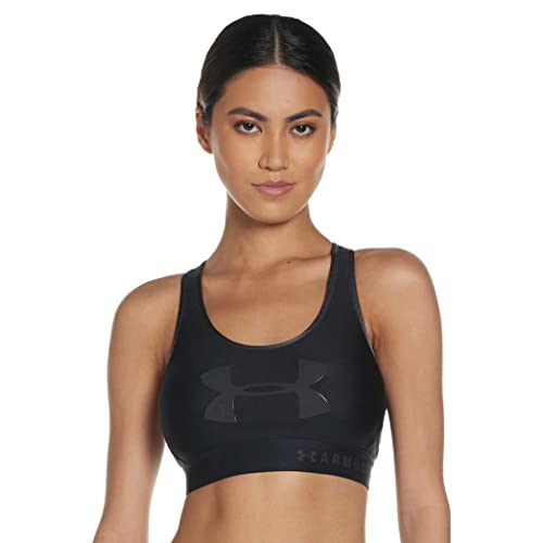 Under Armour Armour Mid Keyhole Graphic, Ropa Deportiva de Mujer para Correr, Sujetador Deportivo para Mujer con Espalda Cruzada y Logotipo Mujer, Black/Jet Gray/Jet Gray, M