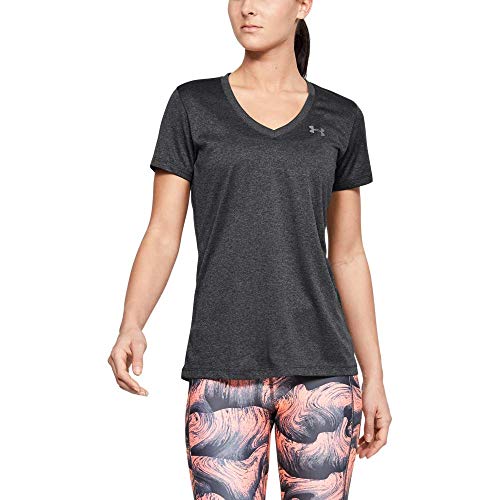 Under Armour Tech Short Sleeve V-Solid Camiseta, Mujer, Gris (Carbon Heather/Metallic Silver), L