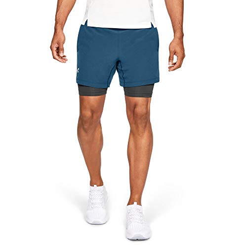 Under Armour UA Qualifier Speedpocket 2-N-1 Short Pantalón Corto, Hombre, Azul (Petrol Blue/Jet Gray/Reflective), XL