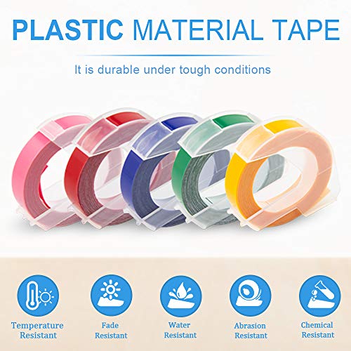 UniPlus 9mm x 3m Auto-adhesive 3D Cintas de Etiquetas Compatibles para Dymo 3D Embossing Label Tapes para DYMO Junior Omega Motex E-101 E-303 Embossing Impresora, Paquete de 5