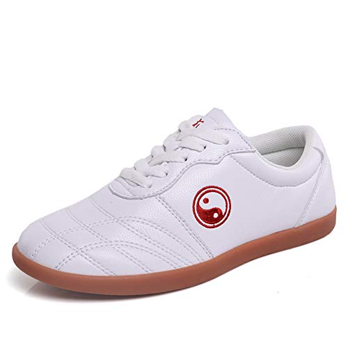 Unisexo Tai Chi Wu Shu Kung Fu Zapatos Respirable Antideslizante Deporte Gimnasio Zapatilla de Deporte para Diario Formación Ejercicio mañanero Cuero Blanco 42 EU